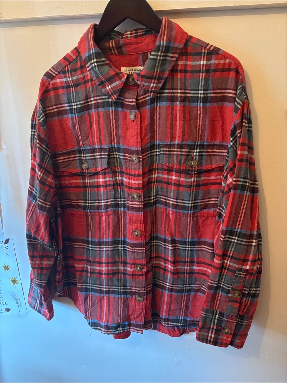 American Eagle Outfitters Red and Black Plaid Button-Down Shirt